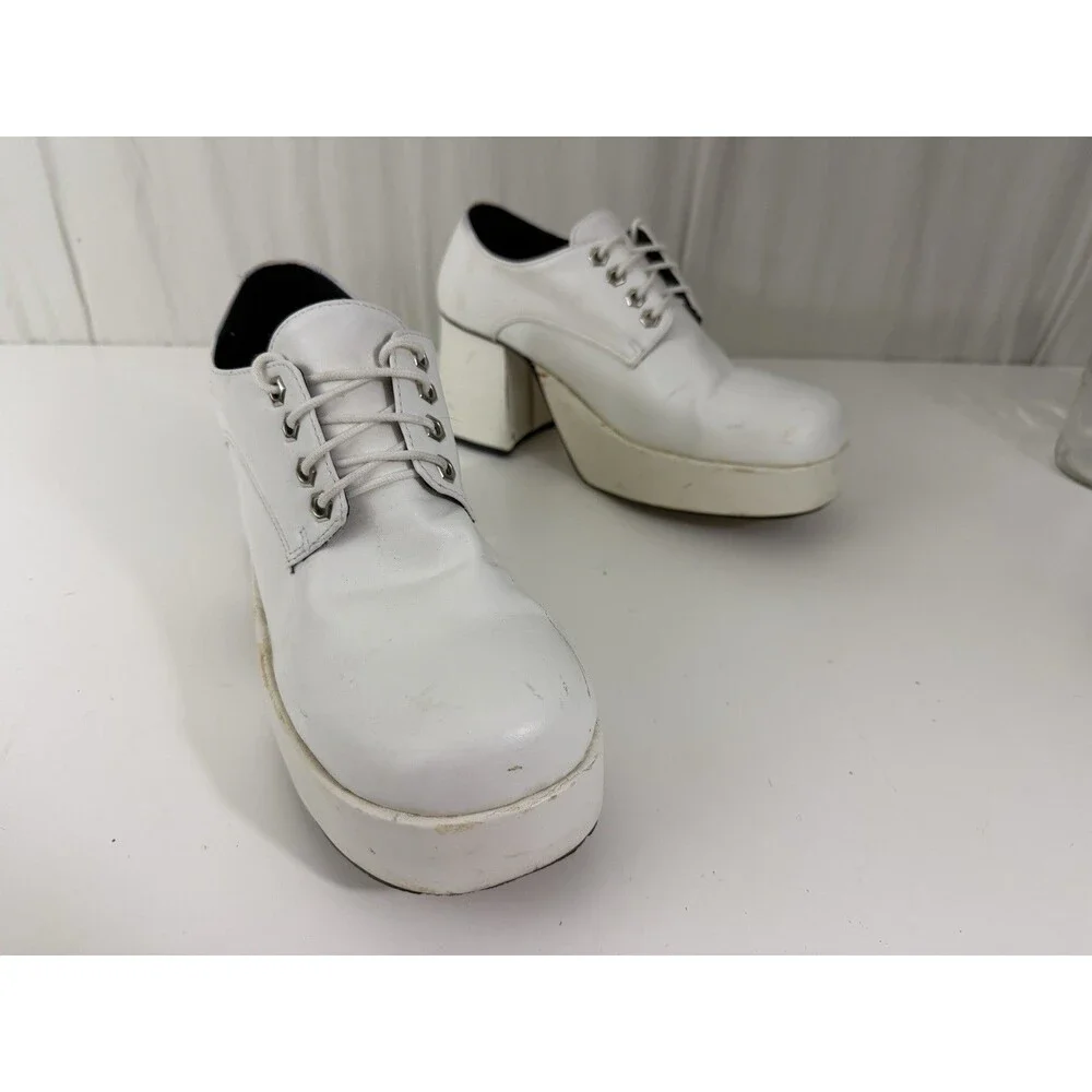 White Patent Men Platform Shoes Dance Party Sz 10-11 Chunky Retro ‘70s Fashion
